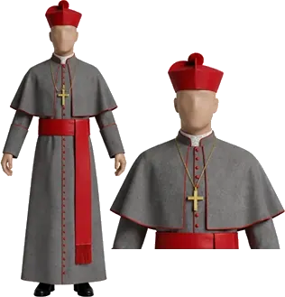 Sotana episcopal de la ICAC en color ceniza con vivos, esclavina, fajín y solideo rojos